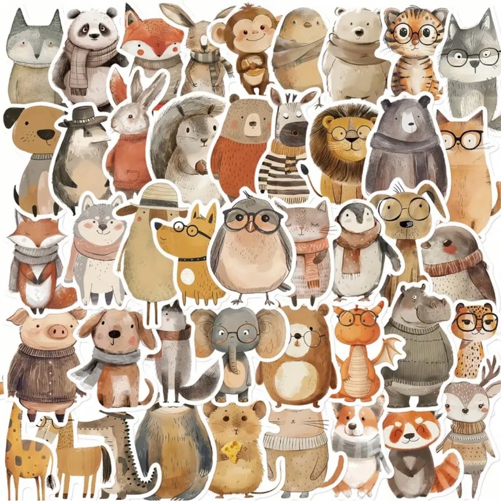 Cute Animal Stickers 50 Pcs Hand Drawn Dogs Cats Bear Monkey Fox Penguin Bird